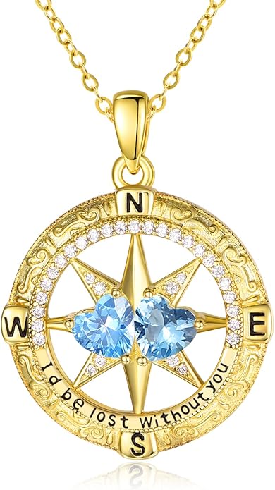 Zeuslia Double Birthstone Necklace Gifts for Wife - 925 Sterling Silver Sunflower/Rose/Crown Cross/Compass/Heart Pendant I Love You Necklace, Anniversary Birthday Gifts for Wife Girlfriend Mom Her