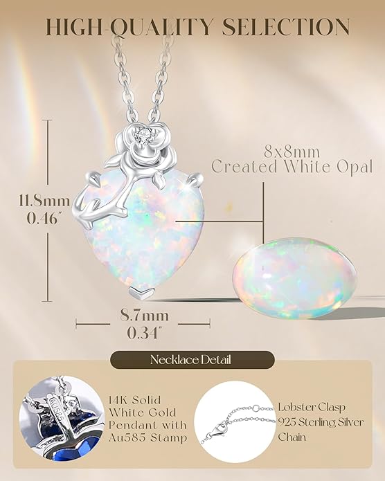 FANCIME 14K Solid White Gold Rose Pendant with Sterling Silver Chain Heart Birthstone Gemstone Fine Jewelry Christmas Gifts for Women Her