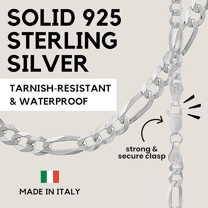 KISPER 925 Sterling Silver Figaro Chain for Men - 5mm Diamond Cut Italian Necklace, Mens Sterling Silver Necklace with Lobster Clasp, Made in Italy