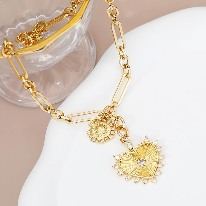 Chunky Gold Necklace for Women, 18K Waterproof Heart Necklace Statement Necklace Gold Charm Necklace Chunky Jewelry Paperclip Chain Choker Gift for Women