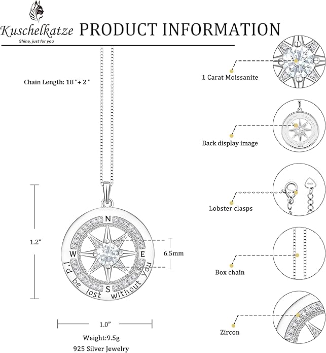 Kuschelkatze 1 Carat Moissanite Compass Pendant Necklace in Sterling Silver – Engraved 'I'd Lost Without You' – Symbol of Love, Direction & Unwavering Bond