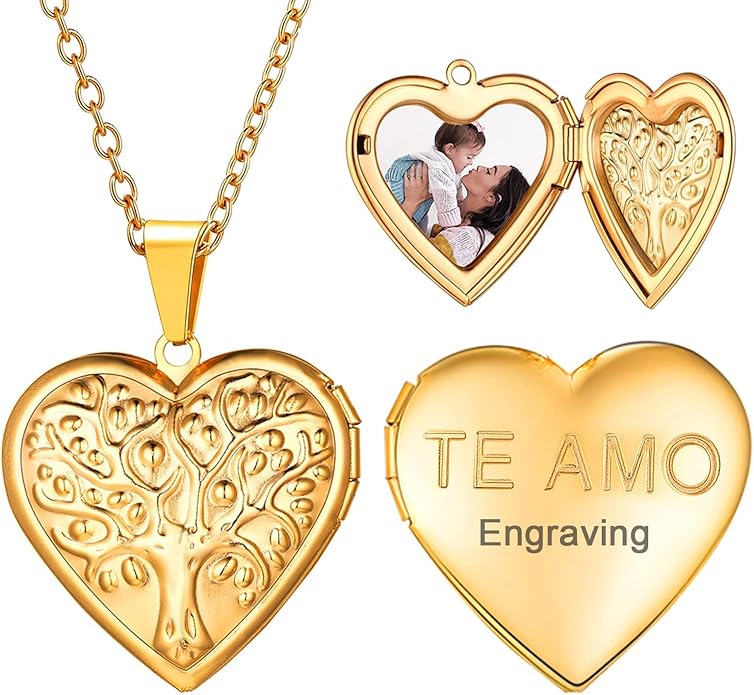 U7 Women Locket Necklace Platinum 14K Gold Photo Lockets that Hold Picture,Chain 20 Inch Personalized Gift Custom Love Heart Image Necklaces