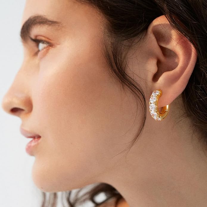 Gold Huggie Hoop Earrings 14K Gold Plated Dainty Chunky Thick Hoop Diamond Cubic Zriconia Inlay Sleeper Tiny Delicate Boho Beach Simple Hypoallergenic Jewelry Gift for Her