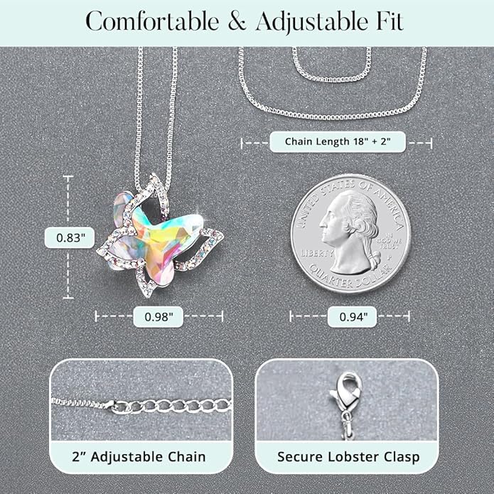 Gift Butterfly Birthstone Crystal Necklace, Silver Tone with 18”+2” Chain, Necklace for Mother’s Day Anniversary Birthday Gifts for Women and Daughter