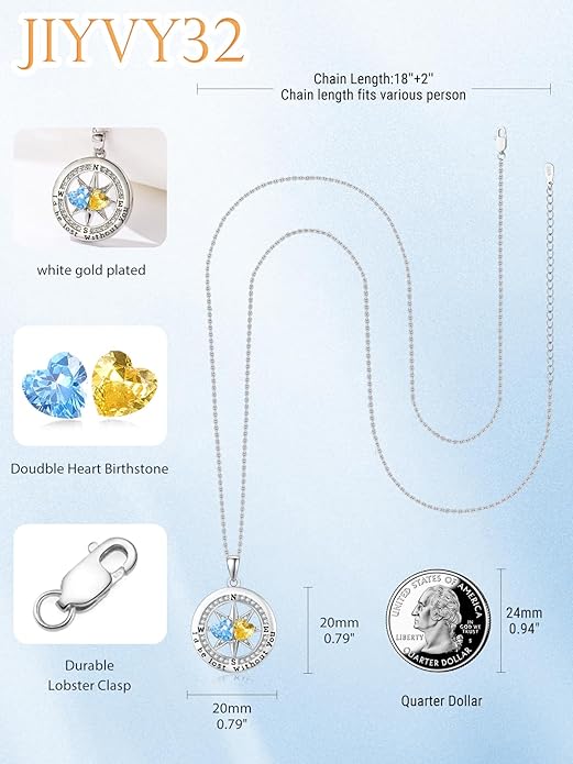 Compass Birthstones Necklace for Women, Exquisite Anniversary Birthday Gifts for Wife Her Double Birthstone Pendant jewelry ‘I'd be Lost Without You’