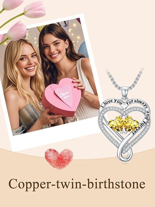 I Love You for Awlays and Forever Double Heart Necklace with Birthstone, 2 Birth Stone Jewelry Anniversary Valentines Mothers Day Christmas Birthday Gifts for Women Her Wife Girlfriend Mom Mother