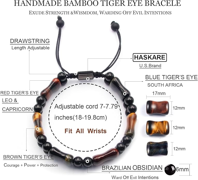 Protection Crystals Mens Bracelet Tiger Eye, Natural Stone Multicolored Tiger Eye Bracelets for Men, HASKARE Healing Crystals Unique Energy Beads Bracelet Gift for Mens Jewelry Trendy Spiritual Relief