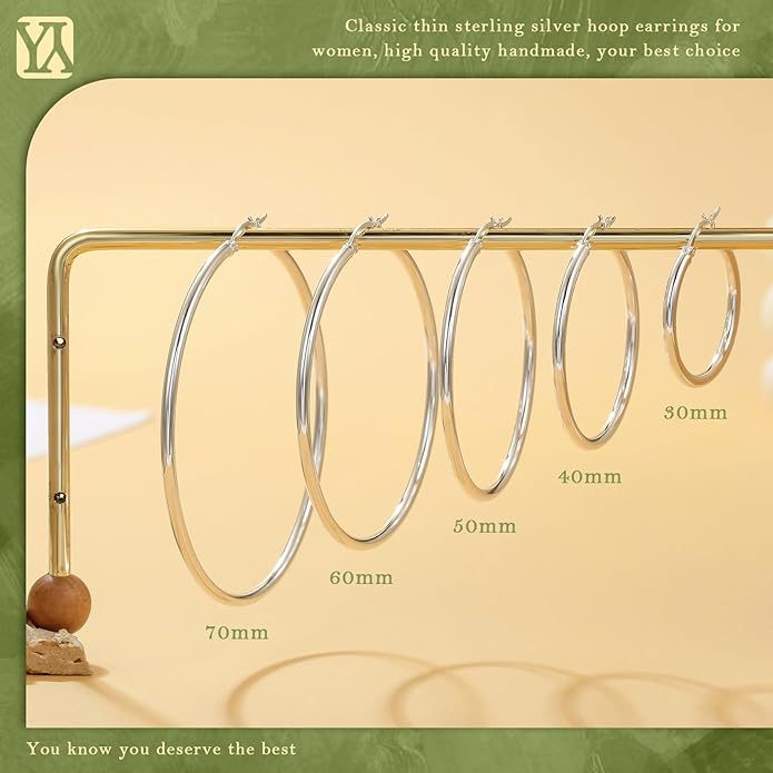 YOUNGYUE 925 Sterling Silver Hoop Earrings for Women Hypoallergenic Oversize 14K Gold Hoops Earrings for Women Thin Gold Plated Hoop earrings Lightweight Large Silver Hoop Earrings 30/40/50/60/70mm