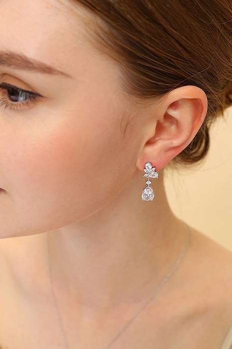 EAMTI Teardrop Wedding Earrings for Women Cubic Zirconia Dangle Bridal Earrings 925 Sterling Silver Post Pear Cut Earring for Prom Bridesmaid