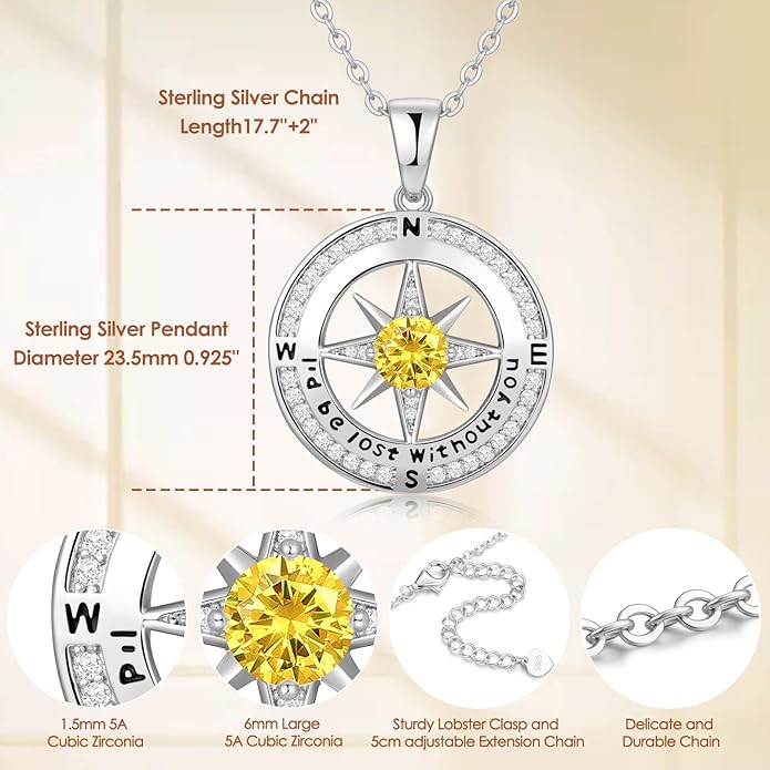 Zifeel Compass Necklace Gifts for Women wife - S925 Sterling Silver Birthstone Necklaces for Women - Anniversary Birthday Gifts for Her Wife Girlfriend - Valentines Mom Mothers Day Christmas Gifts Jewelry for Women