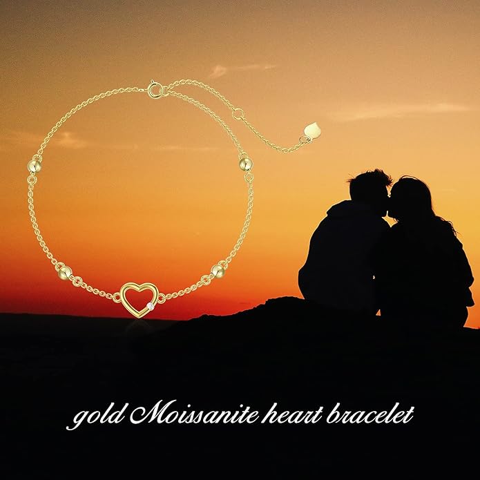 14K Solid Gold Moissanite Heart Bracelet for Women, Real Gold Love Heart Bracelets Anniversary Christmas Jewelry Gift for Her, Wife, Mom, Sister 8"