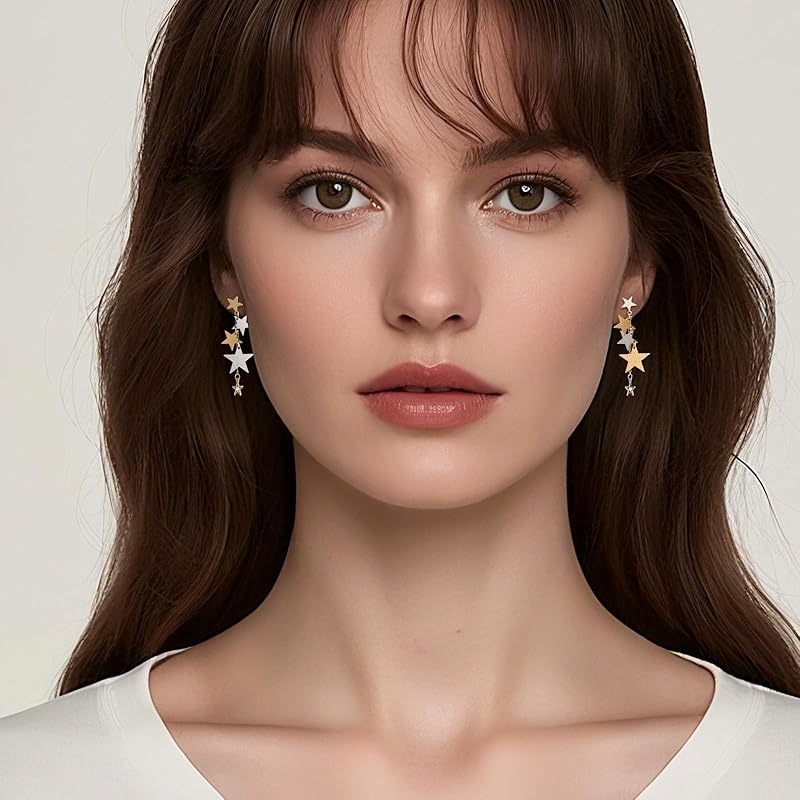 Gold and Silver Sparkly Big Star Drop Earrings Mixed Metal Two Tone Long Tassel Stud Earrings for Women Star Dangling Celestial Jewelry