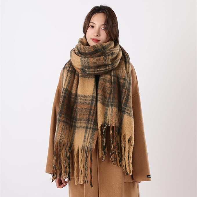 SHOHOKU Large Chunky Plaid Scarf Coloured Checked Oversized Scarf Tassel Soft Fall Winter Thick Warm Shawl Women
