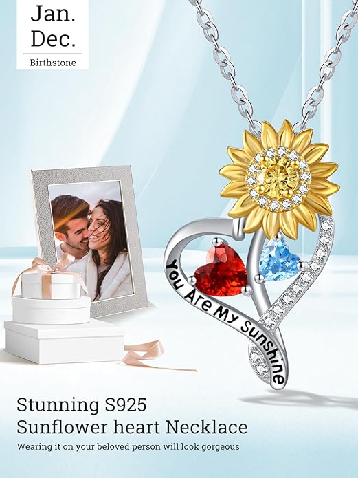 Zeuslia Double Birthstone Necklace Gifts for Wife - 925 Sterling Silver Sunflower/Rose/Crown Cross/Compass/Heart Pendant I Love You Necklace, Anniversary Birthday Gifts for Wife Girlfriend Mom Her