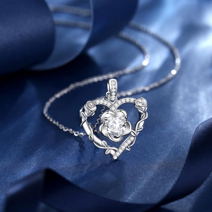 AGVANA April Birthstone Jewelry CZ Necklace for Women Sterling Silver Heart Rose Flower Pendant Necklace Anniversary Birthday Gifts for Women Mom Wife Her