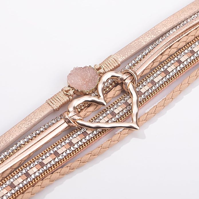 FANCY SHINY Heart Leather Wrap Bracelets Stackable Boho Cuff Bangles Trendy Resin Stone Rhinestone Bracelets with Magnetic Clasp for Women