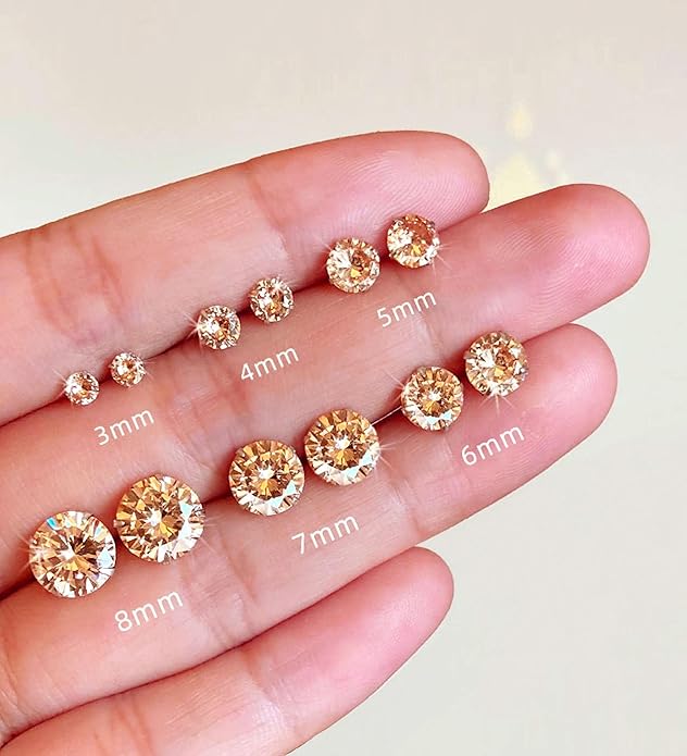 6 Pairs Stud Earrings Set, Hypoallergenic Cubic Zirconia Earrings 316L Stainless Steel CZ Earrings 3-8mm