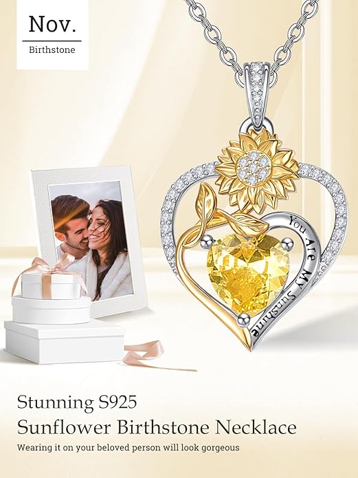 Zeuslia Double Birthstone Necklace Gifts for Wife - 925 Sterling Silver Sunflower/Rose/Crown Cross/Compass/Heart Pendant I Love You Necklace, Anniversary Birthday Gifts for Wife Girlfriend Mom Her