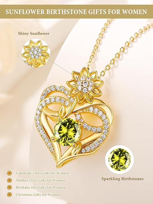 14K Gold Sunflower Birthstone Necklace for Women Infinity Love Heart Necklace Christmas Valentines Mothers Day Anniversary Birthday Gifts for Her Mom Wife Girlfriend Daughter