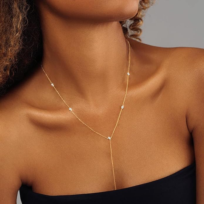 Foxgirl Lariat Gold Necklace for Women, Dainty Long Necklace 14k Gold Plated/Silver Y-Shaped Pendant Necklace Trendy Layered Cz Beaded Chain Drop Necklaces Simple Gold Jewelry For Women Gift