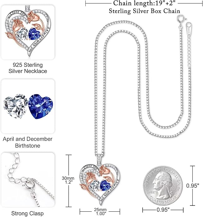 Iefil Birthstone Necklace for Women - 925 Sterling Silver Rose Heart Birthstone Necklace Birthday Anniversary Jewelry Gifts for Her Wife Mom Daughter