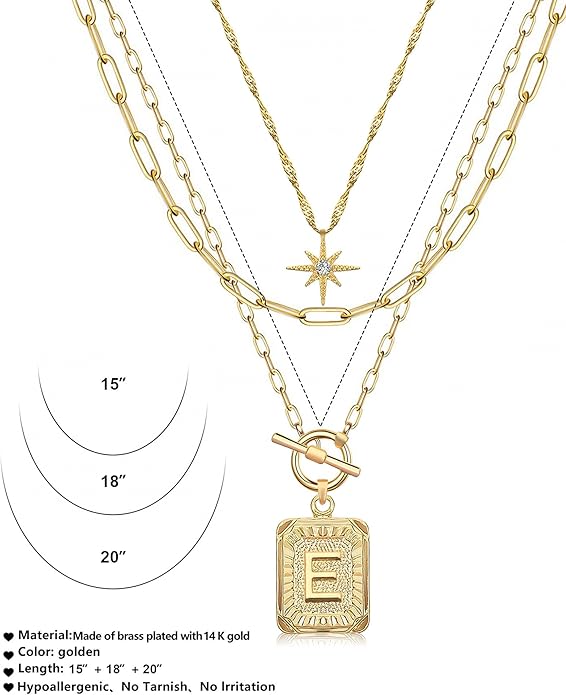 MJartoria Layered Initial Necklaces for Women Trendy, 14K Gold Plated Brass Simple Star Choker Square Letter Pendant Necklace, Paperclip Chain Necklaces Jewelry Gifts
