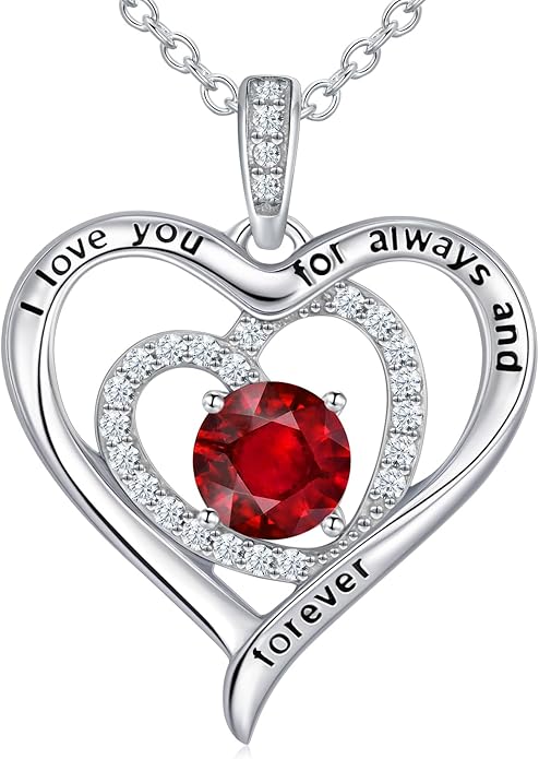 S925 Sterling Silver Necklace for Women, Christams Gift for Women, Love Heart Birthstone Necklaces for Women, Wife Jewelry, Mom Birthday Valentines Mothers Day Gifts, Girlfriend Necklaces, Daughter Heart Jewel, Anniversary for Her