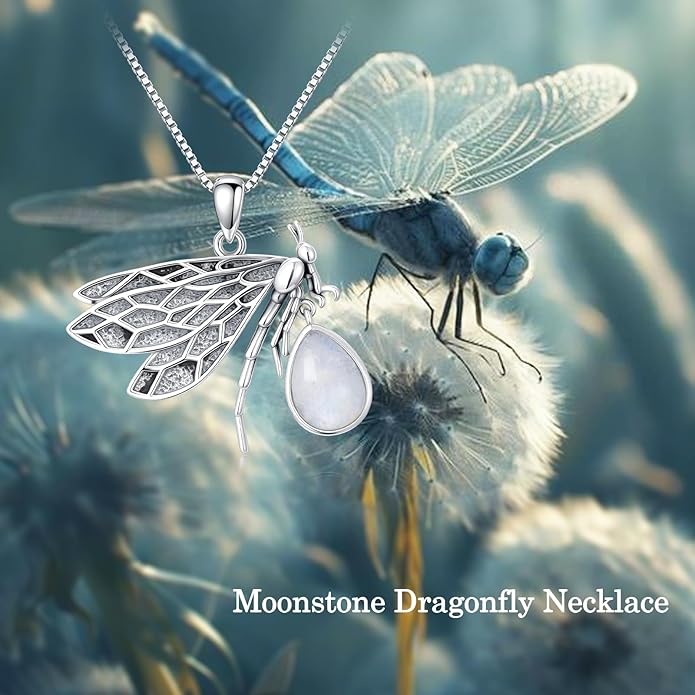 Vintage Dragonfly Necklace 925 Sterling Silver Genuine Moonstone Pendant Mystical Boho Jewelry Birthday Gift for Women