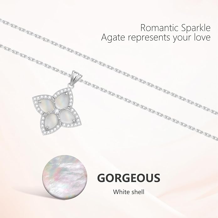 S925 Women's Sterling Silver Pendant Necklace - Classic Mother Pearl Four-Leaf Flower Necklace with Cubic Zircon, Hypoallergenic Fine Jewelry Gift