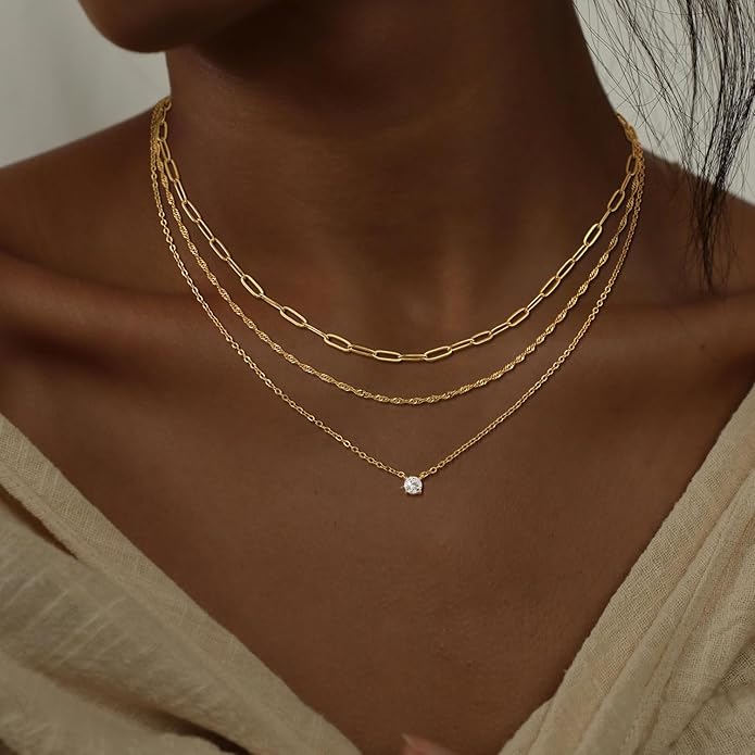 CHESKY 14K Gold Plated Layered Necklaces for Women,Dainty Gold/Silver Plated Chain Necklace CZ Pendant Necklace Adjustable Layering Choker Necklace jewelry Gifts