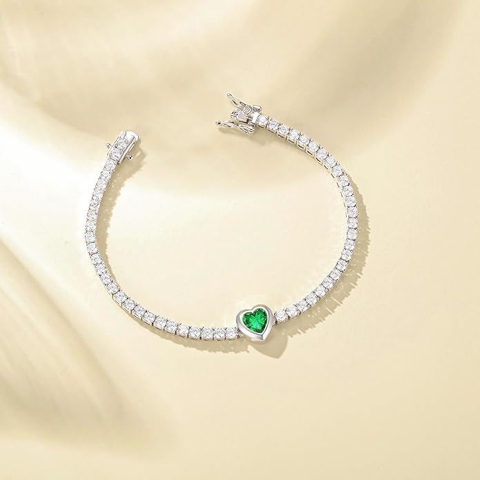 FANCIME 7mm Heart Birthstone Tennis Bracelet for Women Fine Jewelry Wedding Bridal Prom Birthday Gift for Women Her, Length 7 Inch