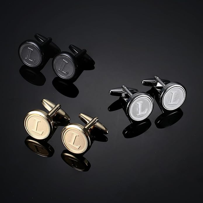 LOLIAS 3 Pairs Initial Cufflinks For Men Classic Mens CuffLinks Set Letter Cuff Links for Casual to Formal with Gift Box Silver Black 14K gold plated Cufflinks for Father Husband