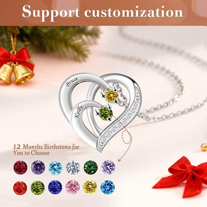 JOBFLY S925 Sterling Silver Customized 2 Birthstone Heart Necklace with 2 Name Engraved Personalized Mother Daughter Necklace Couple Jewelry Christmas Birthday Gift