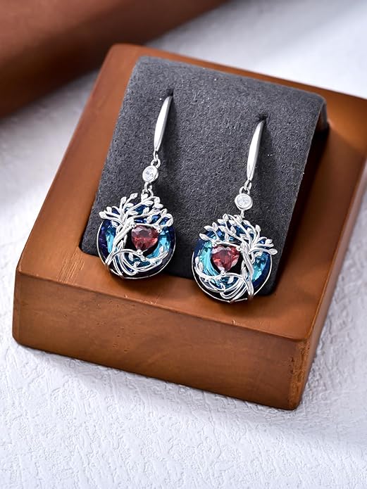 TOUPOP Tree of Life Birthstone Earrings for Women 925 Sterling Silver Family Tree Dangle Earrings Austrian Crystal Jewelry Birthday Christmas Gifts for Her Girlfriend Wife Mom