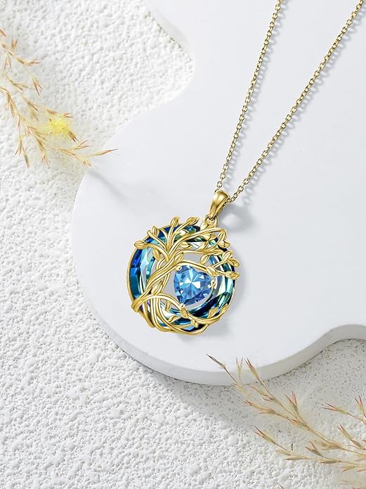 TOUPOP Tree of Life Birthstone Necklace 925 Sterling Silver Pendant Austrian Crystal Jewelry Anniversary Birthday Christmas Gifts for Women Mom Her Wife