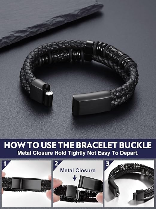 Bandmax Mens Black Double Wax Rope Cuff Bracelets Waterproof Stainless Steel Norse Style Celtic Knot Beads Bracelet Wristband Gift for Men