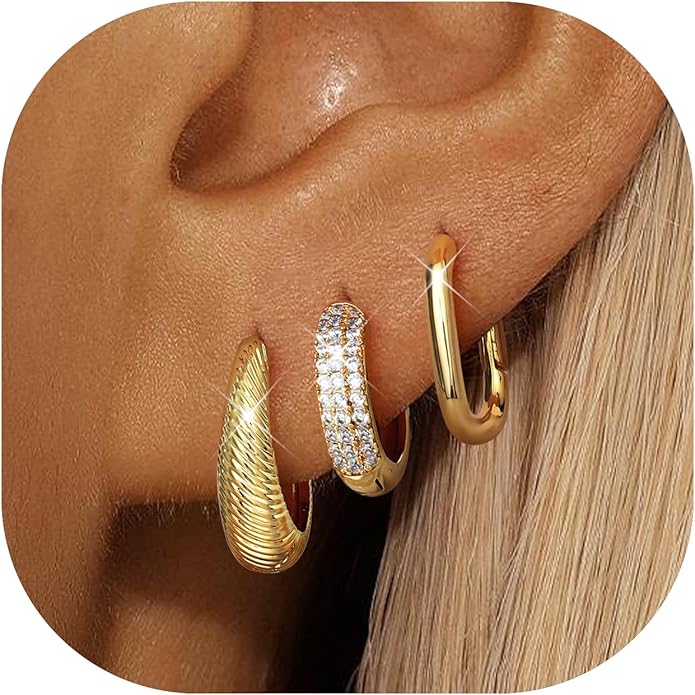 LOYALLOOK 3Pairs Gold Hoop Earrings Set for Women Trendy Huggie Hoop Earrings Stacks for Multiple Piercing 14K Gold Plated Chunky Hoop Earrings Set Hypoallergenic Cartilage Earring Lightweight