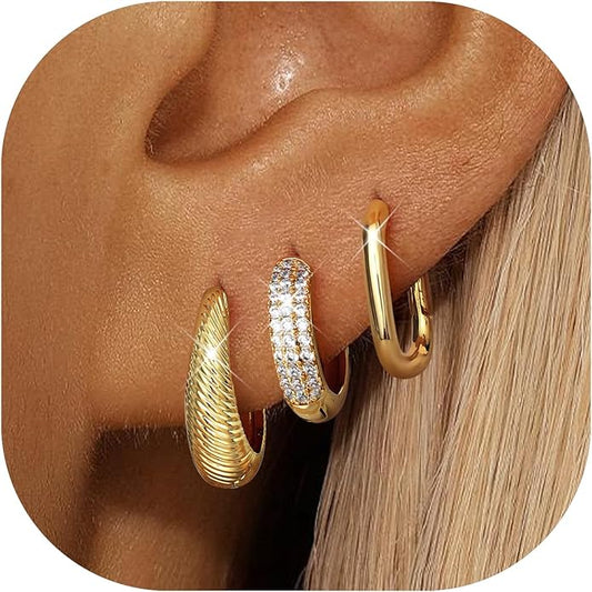 LOYALLOOK 3Pairs Gold Hoop Earrings Set for Women Trendy Huggie Hoop Earrings Stacks for Multiple Piercing 14K Gold Plated Chunky Hoop Earrings Set Hypoallergenic Cartilage Earring Lightweight