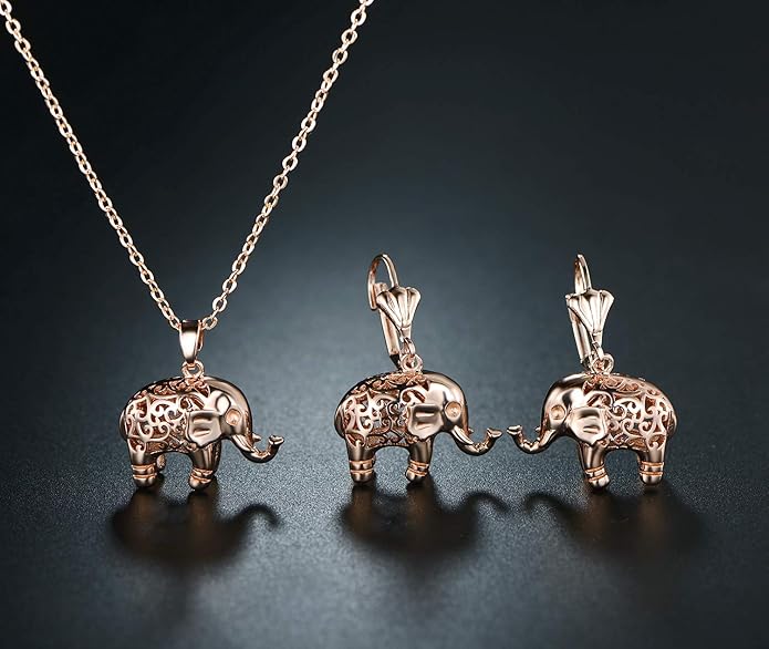 Barzel 18K Gold Plated Filigree Elephant Earrings and Necklace Jewelry Set