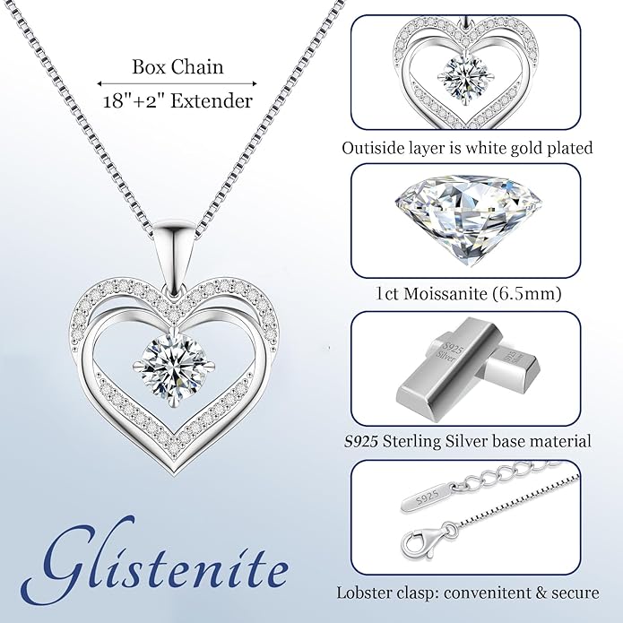 Moissanite Necklace for Women, 1–3 Carat Double Heart Pendant in 925 Sterling Silver, Romantic Love Necklace Gift for Wife or Mom, Anniversary Birthday Mother’s Day Jewelry