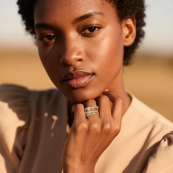 Gold Stackable Rings for Women Non Tarnish, 18K Gold Plated CZ Cubic Zirconia Rings, Golden Rings Set, Multi-Link Connected Rings