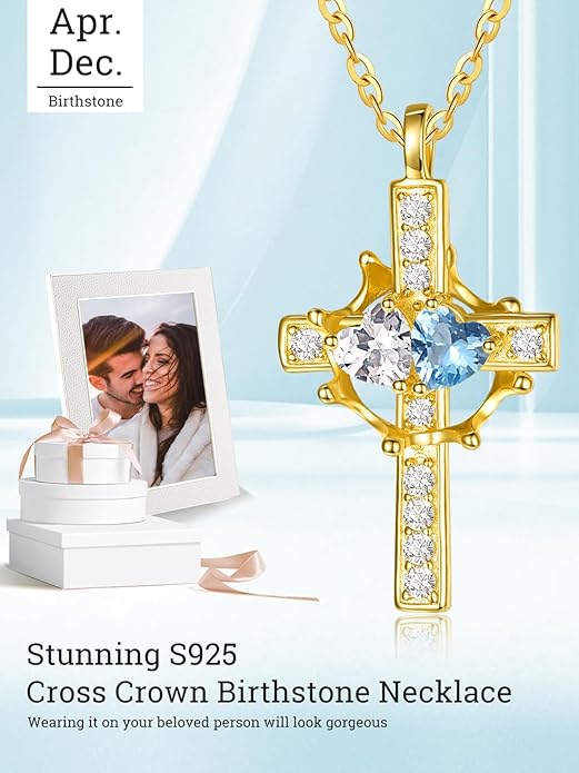 Zeuslia Double Birthstone Necklace Gifts for Wife - 925 Sterling Silver Sunflower/Rose/Crown Cross/Compass/Heart Pendant I Love You Necklace, Anniversary Birthday Gifts for Wife Girlfriend Mom Her