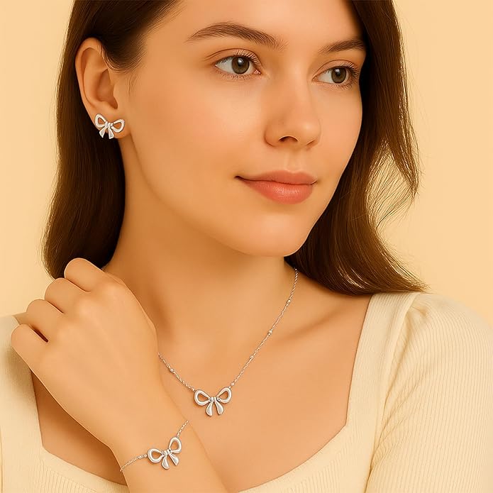 Bow Earrings Necklace Bracelet Set for Women Dainty Bowknot Jewelry Set Gold Pendant Necklace Ribbon Stud Earrings Cute Bow Accessories Elegant Gift for Her