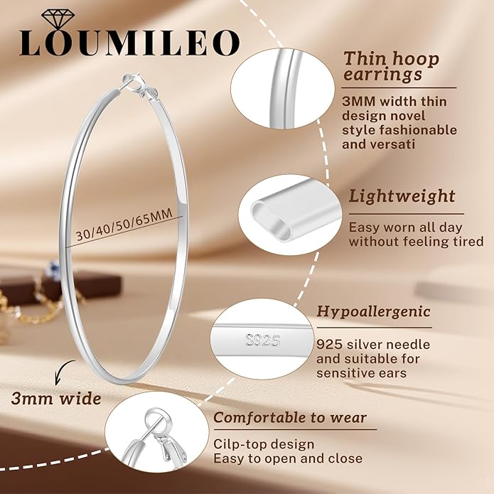 LOUMILEO 2mm Thin 925 Sterling Silver & 14k Gold Plated Hoop Earrings Large Silver Hoop Earrings Hypoallergenic Lightweight Hoops Earrings for Women 30/40/50/65MM