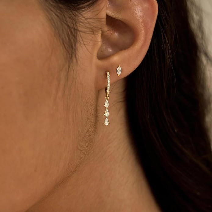 2 Pairs Gold Huggie Hoop Earrings for Women 14k Gold Plated Diamond Stud Earrings Set Drop Dangle Hypoallergenic Cubic Zirconia Flat Back Earring Gold Jewelry for Women Gift