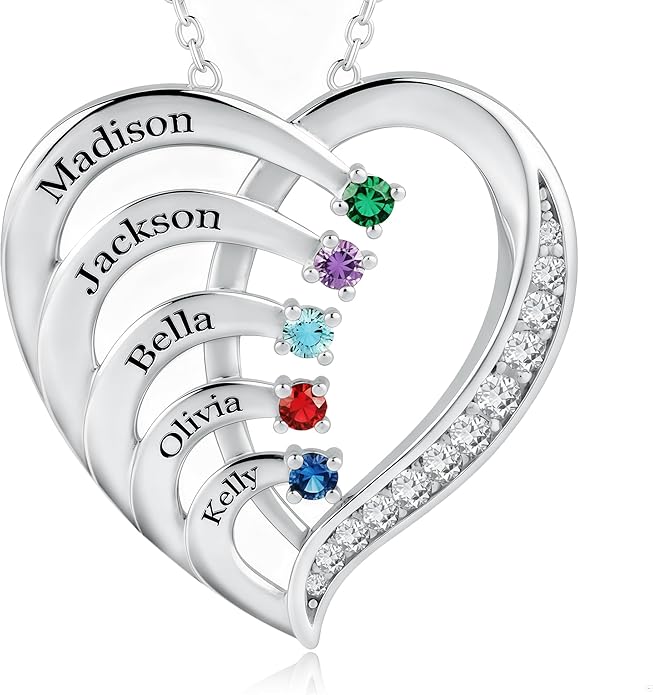 Easycosy Custom Name Necklace with Simulated Birthstones Customized Promise Necklace Heart Pendant with Engraved 2-6 Names - Anniversary Birthday Christmas Jewelry Gifts for Women Wife Mom Grandma