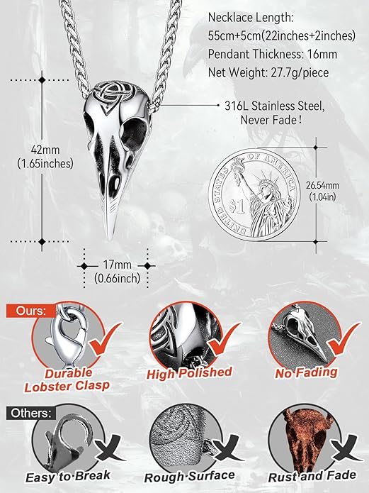 FaithHeart Viking Raven Necklace for Men, Norse Mythology Raven Skull Pendant Sturdy Stainless Steel Amulet Jewelry Gift for Men