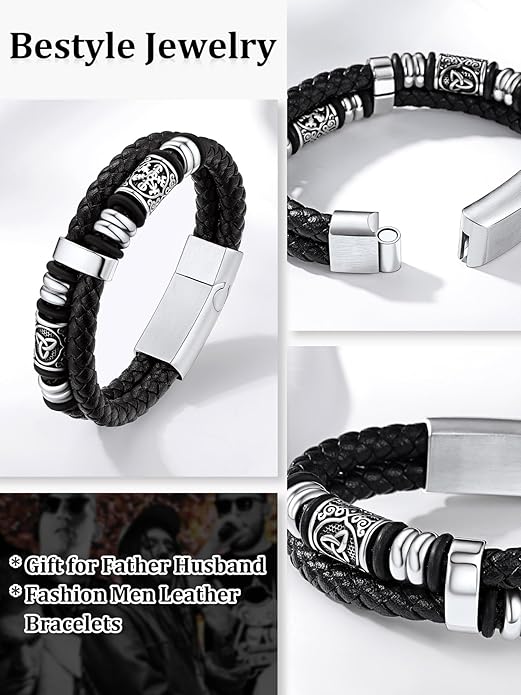 Bestyle Genuine Men Leather Bracelets Fashion Stainless Steel Celtic/Sport Ball Bead Cuff Wirstband Bracelets for Men, Size 7.5/8.3/9.1Inch