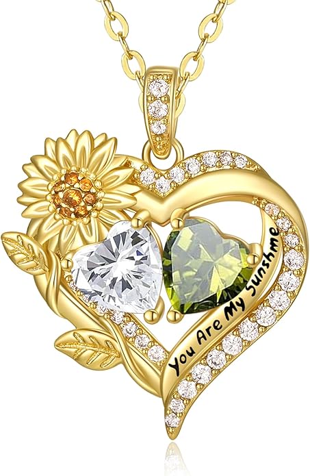 Sunflower Heart Necklace for Women 14K Gold Exquisite Anniversary Birthday Gifts for Wife Mother Her Double Birthstone Pendant jewelry‘You Are My Sunshine’