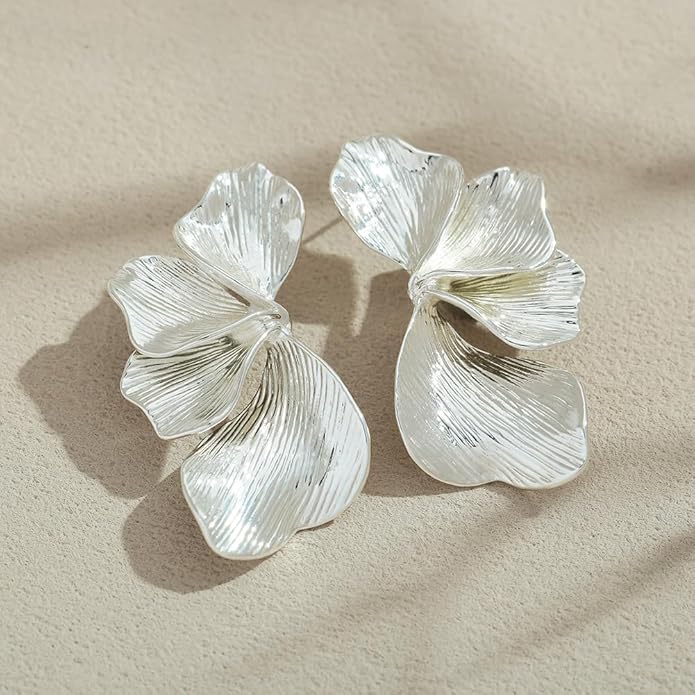 Chunky Gold Statement Earrings For Women Gold Plated Sectored Flower Leaf Shell Angel Wing Earrings Large Stud Earrings Hypoallergenic Earrings
